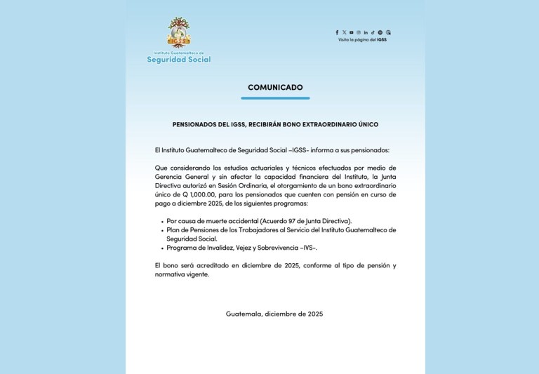 IGSS otorga bono extraordinario único de Q1,000 a pensionados en ...